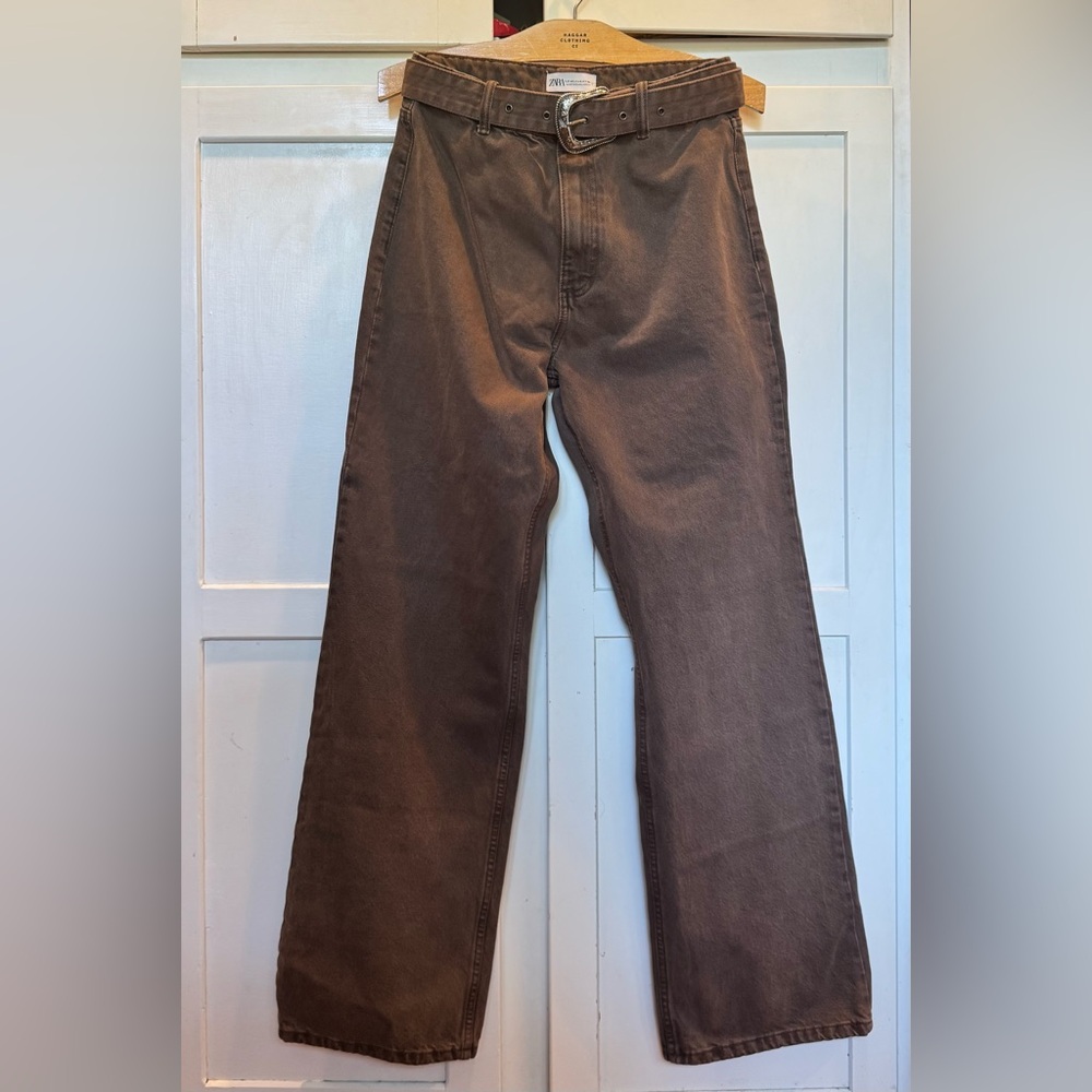 Zara Chocolate Brown Belted Wide Leg Denim, Medium, 8